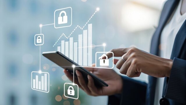 Tax Social Security Concept. A person interacts with a smartphone displaying digital security and growth graphics.