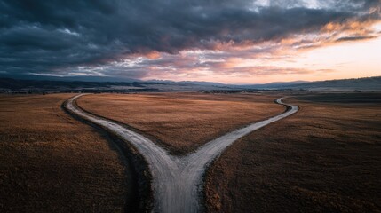 divergence. A symbolic fork in the road with two diverging paths under a dramatic sky, representing choices. wellbeing guides, coaching materials, designed for coaching and self-improvement content.
