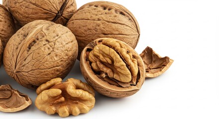 白い背景に鮮やかに光る新鮮な殻付きクルミと中身 栄養豊富な自然食品をクローズアップ撮影. AI Generated
