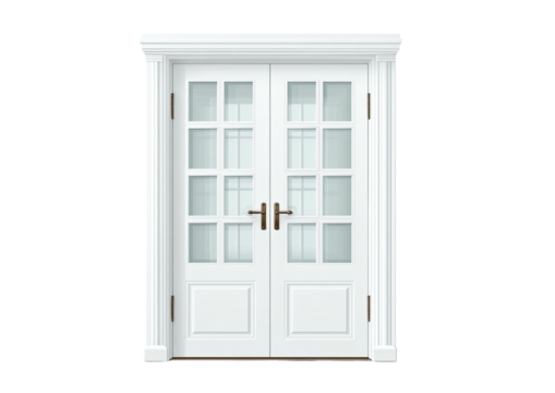 White, double door with panes and frame on dark backdrop