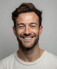 Fototapeta premium Authentic genuine happy smiling young man portrait close up wide smile joy emotion natural light studio beard white teeth adult male face