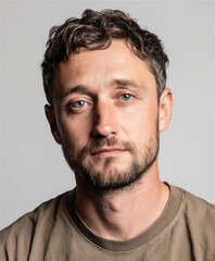 Fototapeta premium Serious adult man portrait close up blue eyes short hair beard natural light studio headshot neutral expression confidence rugged male face