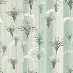 A stylish wallpaper design featuring botanical illustrations of grasses and arches in soft green and white tones.