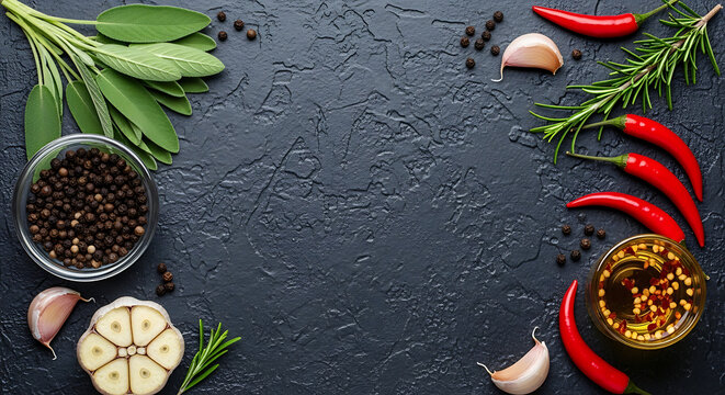 A dark, textured surface adorned with a variety of spices and herbs, including chili peppers, garlic, and peppercorns