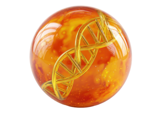 Golden DNA strand inside shimmering, orange sphere