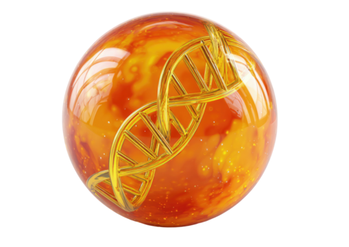 Golden DNA strand inside shimmering, orange sphere