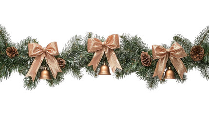 A festive Christmas garland with gold bows and bells, decorated with pine cones and snow, against a white background.