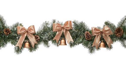 A festive Christmas garland with gold bows and bells, decorated with pine cones and snow, against a white background.