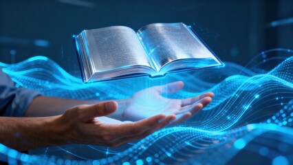 A glowing book hovers above hands, surrounded by digital waves and light effects.