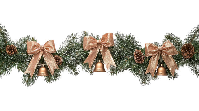 A festive Christmas garland with gold bows and bells, decorated with pine cones and snow, against a white background.