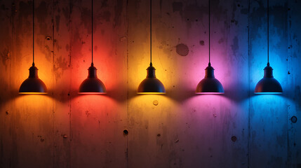 Five hanging lamps showing different color temperatures illuminating concrete wall