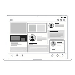 Obraz premium Minimalist line art of a laptop displaying a social media website wireframe, a UI/UX design concept.