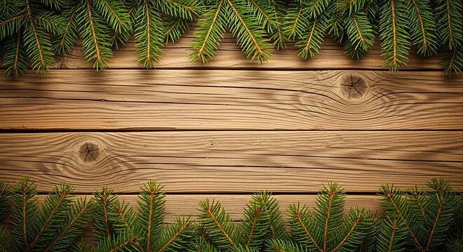 A rustic wooden plank background framed by lush green fir branches, evoking a festive winter or christmas theme
