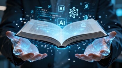 A person holds an open book with digital symbols representing artificial intelligence.