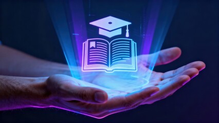 A holographic book and graduation cap above a person's hands symbolize education and knowledge.