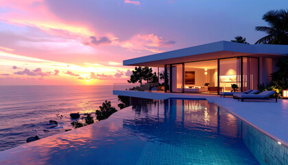 Fototapeta premium AI-generated image of Modern oceanfront house with infinity pool and sunset view over the sea. The sunset casts vivid hues of pink, purple, orange, and yellow across the sky and water, creating a sere
