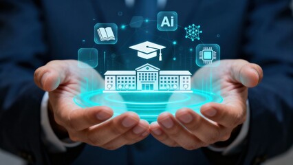 Hands holding digital education icons with a university concept.