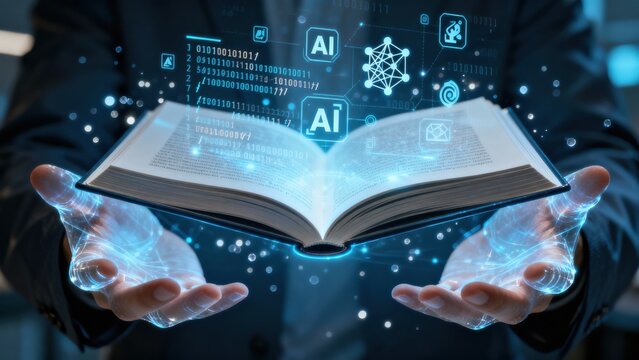 A person holds an open book with digital symbols representing artificial intelligence.