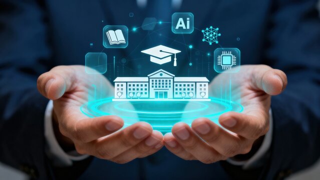 Hands holding digital education icons with a university concept.