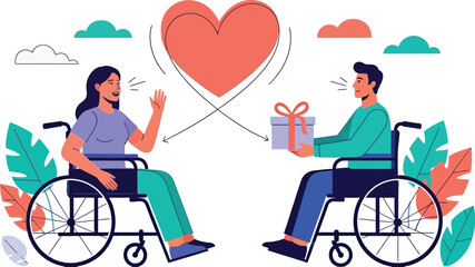 Joyful connection and gift exchange between two people in wheelchairs, symbolizing love and support with a vibrant heart graphic above