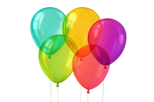 Floating transparent party balloons in vibrant colors celebrating festive occasions and birthday events on a clear background