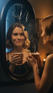 Smiling woman gazes into cracked mirror, holding steaming coffee, reflecting warmth
