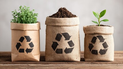 Three plant pots with green plants and a recycling symbol on them.