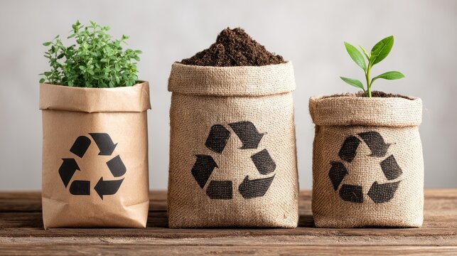 Three plant pots with green plants and a recycling symbol on them. - Powered by Adobe