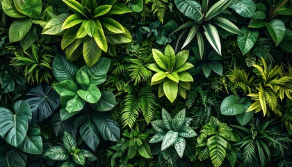 An overhead shot displays a vibrant assortment of diverse tropical foliage