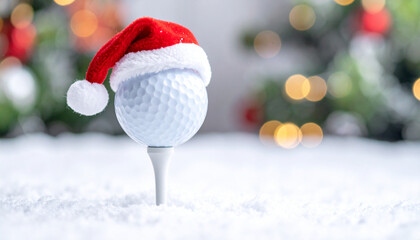 Christmas golf ball with Santa hat on tee in snow