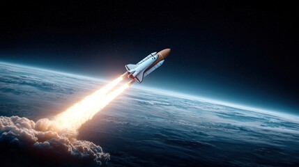 A space shuttle launches into space against a dark, starry sky.