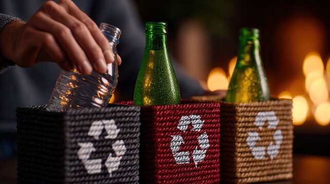 Man's hand carefully sorts plastic bottle into recycling bin amidst warm, inviting bokeh lights, promoting sustainable living and environmental responsibility.