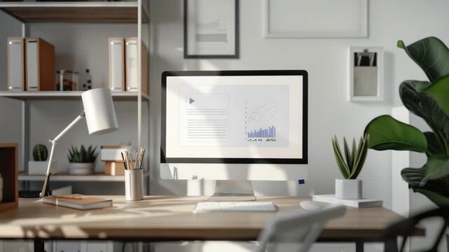 Modern home office with computer, desk, and plants