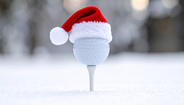 Christmas golf ball on a tee in the snow with a Santa hat