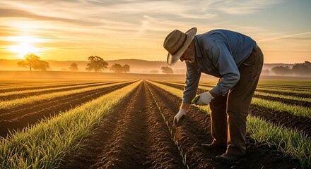 Fototapeta premium Farmer tending to young green crops in a vast agricultural field at sunrise.