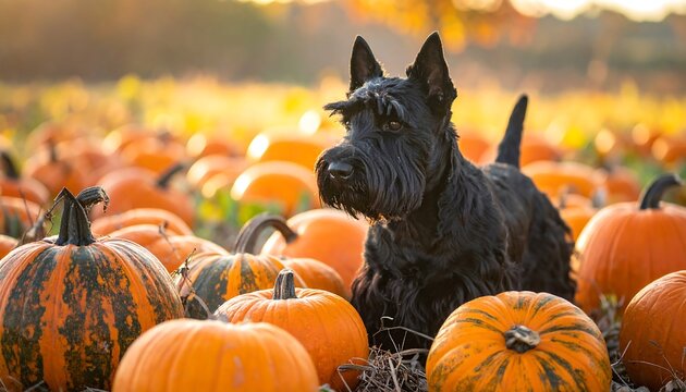 Scottish Terrier amidst a vibrant pumpkin patch on an autumn day.