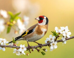 Goldfinch Bird on White Blossoms Branch