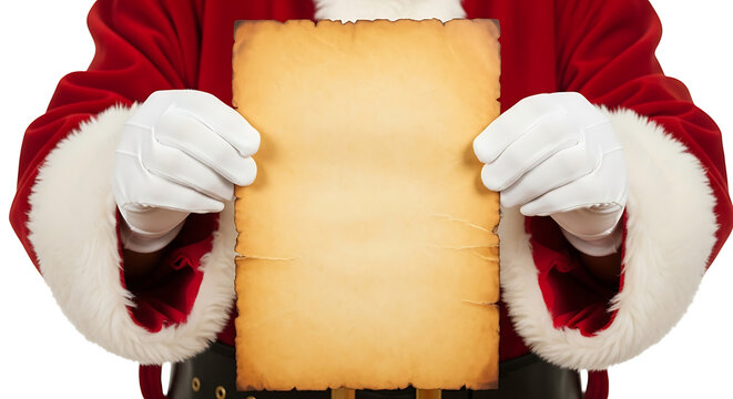 Santa claus holding a blank parchment paper isolated on white background