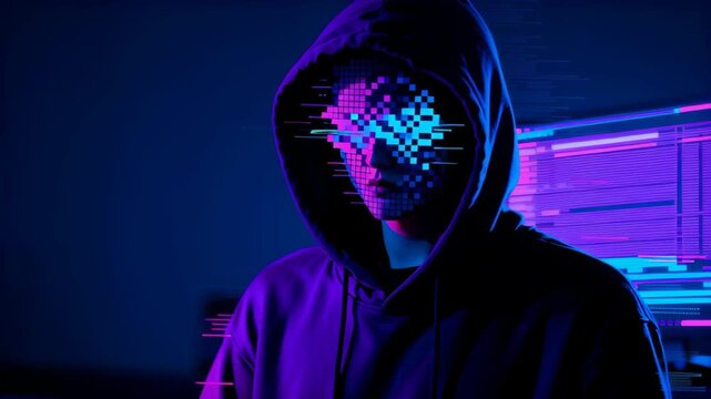 Incognito user wearing hoodie with pixelated face mask symbolizes anonymity technology digital glitch effects dark background glowing computer screen