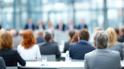 A business conference in a modern office building.