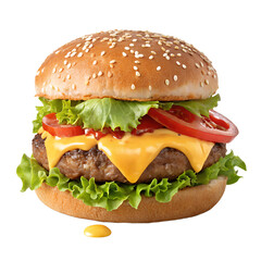 A close up shot of a cheeseburger with lettuce tomato and a sesame seed bun on a black background