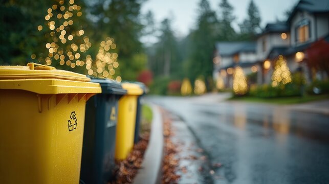 Capturing holiday spirit with recycling bins on a wet suburban street lined with festive lights and homes