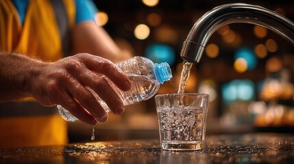 Thirsty worker refreshing with cool water poured from a bottle into a glass, highlighting hydration and well-being