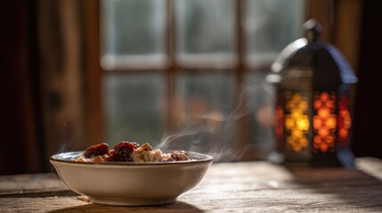 laba. Steaming bowl of Laba porridge with dates and nuts on wooden table. menu design, packaging mockups, designed for culinary blogs and recipe cards for restaurants, supports restaurant marketing.