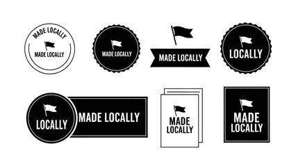 Set of black and white 'Made Locally' labels, badges, and flag icons for various design uses