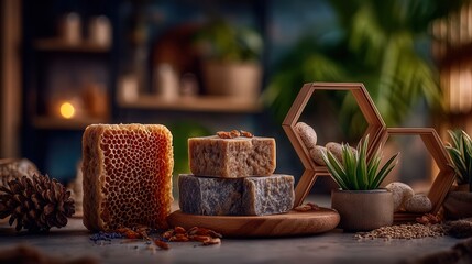 Discover natural handmade soaps and honeycomb beautifully arranged with plants and natural elements for an organic spa experience.