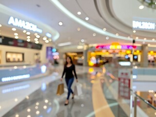 A woman in a red dress walks past a brightly lit, modern retail environment featuring geometric patterns and smooth, glossy surfaces, suggesting a daytime shopping experience.