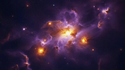 A majestic deep space nebula with billowing purple gas clouds and glowing golden star clusters, a cinematic cosmic background.
