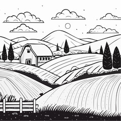 Fototapeta premium Black and White Farm Landscape with Rolling Hills and Barn.