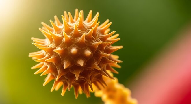 Extreme close-up of a vibrant orange pollen grain on a plant stamen, showcasing intricate details and textures.
